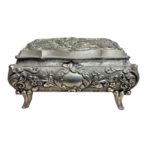 Vintage Footed 3D Victorian Style Silver Metal Trinket Jewelry Velvet Lined - Picture 2 of 10